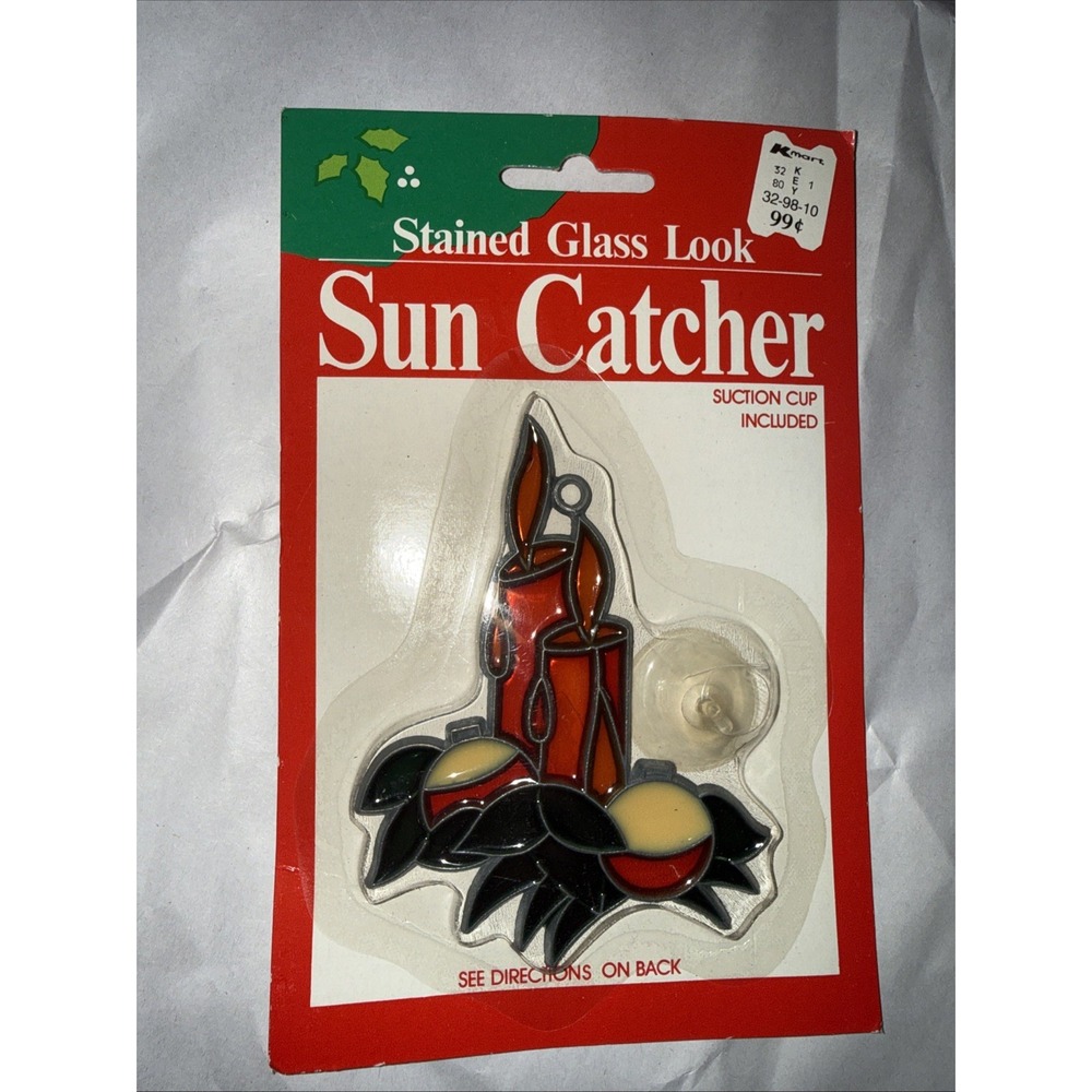 Vintage In Package Faux Stained Glass Candle Suncatcher Christmas Ornament 4x3"
